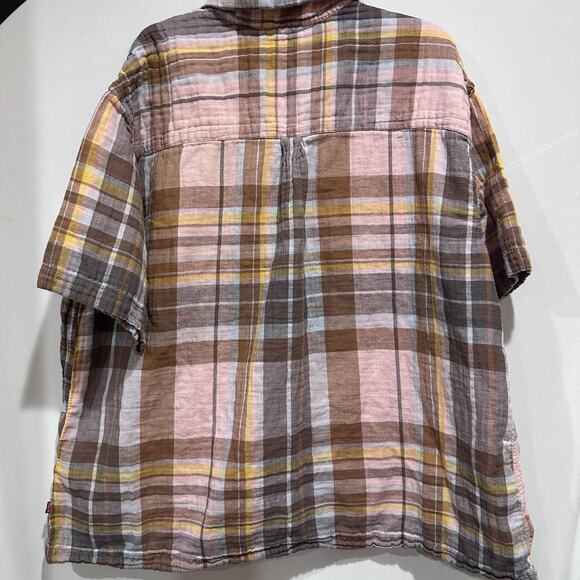 Levis Shirt Mens XL Pink Brown Plaid Short Sleeve Button Up Hemp Blend Casual - Picture 4 of 8